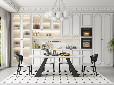 Classic White Restaurant Interior With Round Pendant Lights And Dining Table 3d model