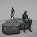 Black Geometric Stools With White Logos Featuring Robots Standing And Sitting 3d model