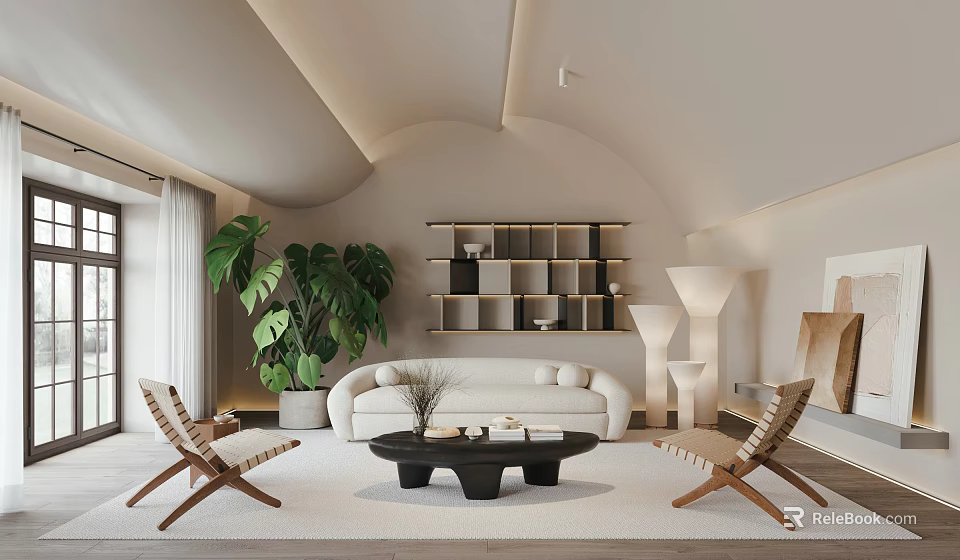 Modern Living Room Interior With White Sofa Wooden Chairs Large Plant Bookshelf And Coffee Table 3d model 