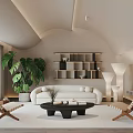 Modern Living Room Interior With White Sofa Wooden Chairs Large Plant Bookshelf And Coffee Table