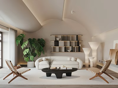 Modern Living Room Interior With White Sofa Wooden Chairs Large Plant Bookshelf And Coffee Table 3d model