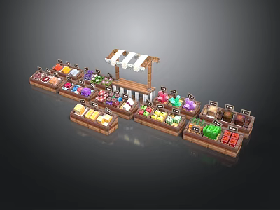 Colorful Daily Necessities Display On Organized Shelves With Wooden Stall Awning 3d model