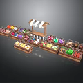 Colorful Daily Necessities Display On Organized Shelves With Wooden Stall Awning