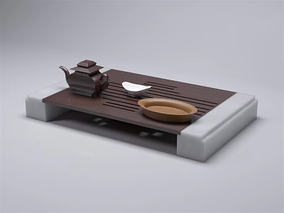 Tea Set with Wooden Rectangular Tray Ceramic Teapot and Bowl on Gray Base 3d model