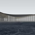 Modern Sales Office Building With Curved Roof Glass Curtain Wall Water Pool Reflection And Sunset