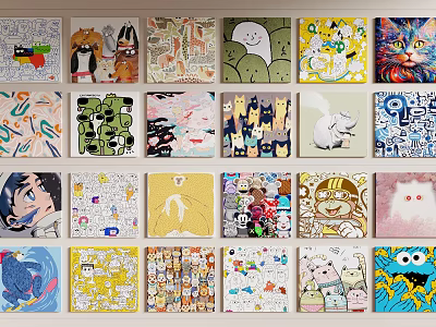 Colorful Wall Art Collection With Diverse Styles And Cute Characters 3d model