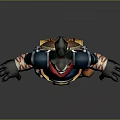 Fantasy Warrior Character With Skull Head Blue Armor Red Scarf Weapons And Decorative Gourd Standing Pose