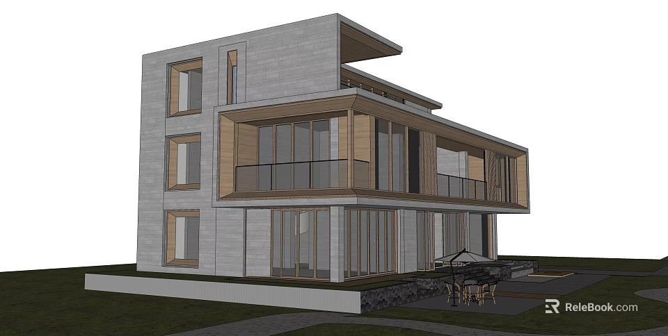 Modern Detached Villa Exterior Design Featuring Gray Concrete Wooden Elements Large Windows And Balcony 3d model 