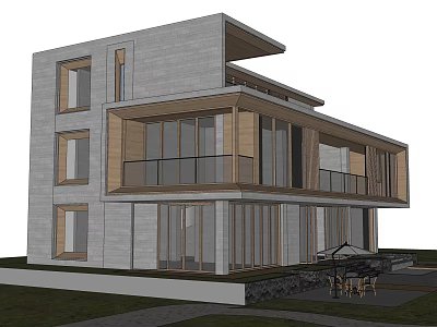 Modern Detached Villa Exterior Design Featuring Gray Concrete Wooden Elements Large Windows And Balcony 3d model