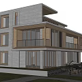 Modern Detached Villa Exterior Design Featuring Gray Concrete Wooden Elements Large Windows And Balcony