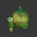 Halloween Pumpkin Decoration With Hands Holding Playing Cards Lit Stake Text And Candle