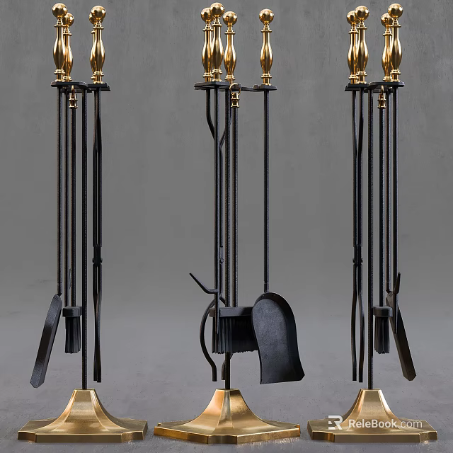 Elegant Fireplace Tools Set With Black Metal And Gold Accents On Stand 3d model 