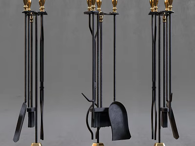 Elegant Fireplace Tools Set With Black Metal And Gold Accents On Stand 3d model