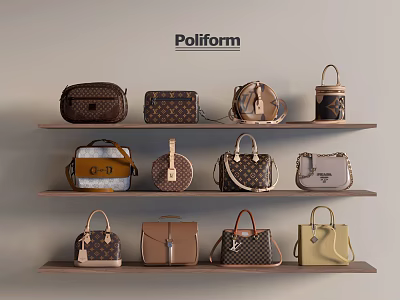 Poliform Handbags Assorted Styles Displayed On Shelves With Classic And Modern Designs 3d model