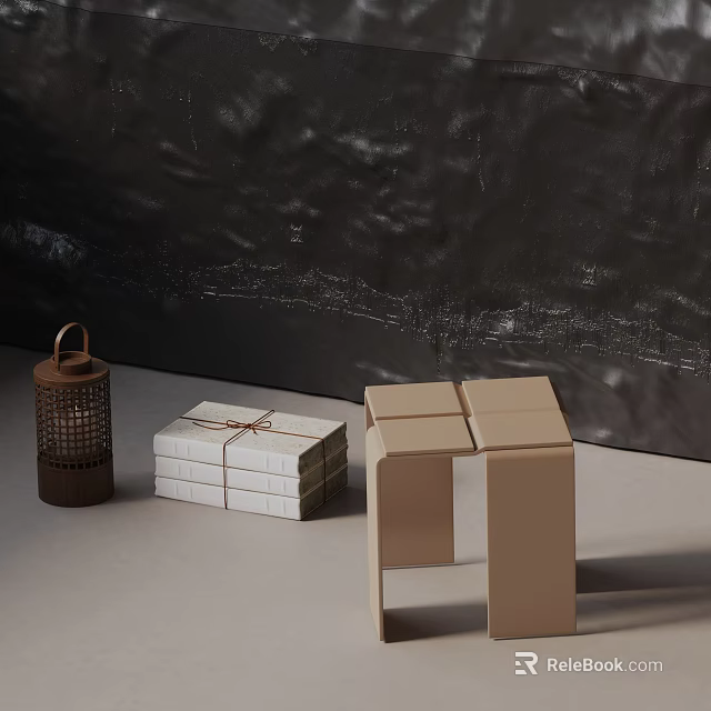 Modern Beige Side Table With Brown Lantern White Boxes Tied With Rope On Light Floor 3d model 