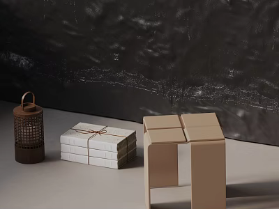Modern Beige Side Table With Brown Lantern White Boxes Tied With Rope On Light Floor 3d model