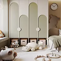 Kids Bedroom Interior Design With Cozy Curved Bed Stuffed Toys Toy Car And Storage Boxes