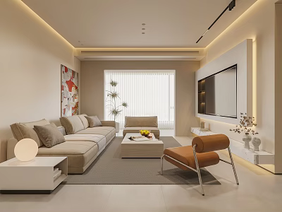 Modern Living Room Interior With Beige Sofa Coffee Table TV Artwork And Accent Chair 3d model