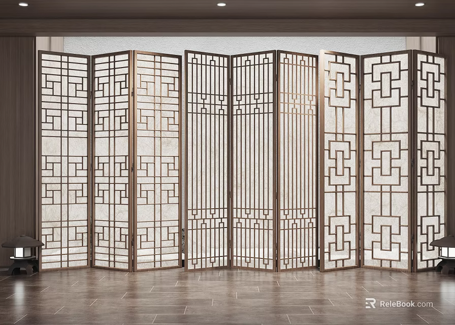 Chinese Style Wooden Folding Partition With Geometric Patterns For Interior Design 3d model