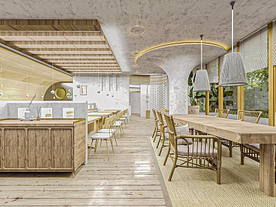 Bubble Tea Shop Interior Design With Wooden Counter Tables Chairs And Hanging Lamps 3d model