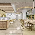 Bubble Tea Shop Interior Design With Wooden Counter Tables Chairs And Hanging Lamps