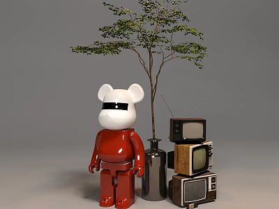Decorative Ornament Combination With Red Bear Figurine Indoor Tree Metal Vase And Stacked Vintage TVs 3d model