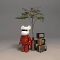 Decorative Ornament Combination With Red Bear Figurine Indoor Tree Metal Vase And Stacked Vintage TVs