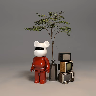 Decorative Ornament Combination With Red Bear Figurine Indoor Tree Metal Vase And Stacked Vintage TVs 3d model