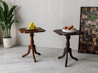 Wooden Square Side Tables With Fruit Bowls Green Plant And Decorative Panel In Home Interior 3d model