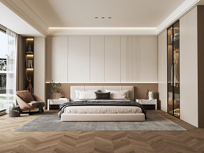 Modern Bedroom Interior With Bed Nightstand Armchair Glass Door Wardrobe And Textured Rug 3d model