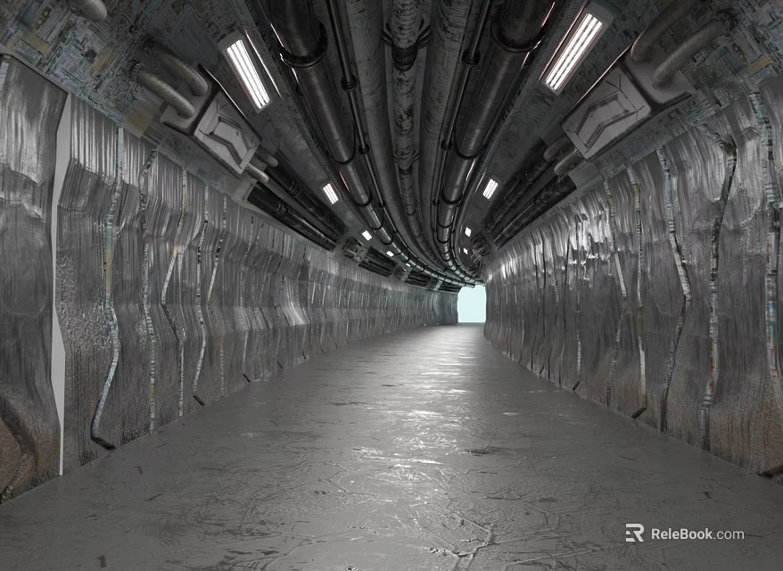 Underground Road Tunnel Infrastructure Featuring Metal Pipes Lighting Textured Walls And Gray Floor 3d model 