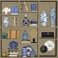 Blue And White Porcelain Decorative Ornament Set With Books And Shelf