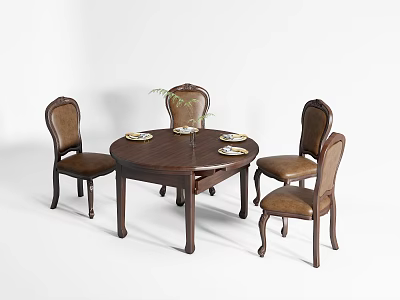 Round Wooden Dining Table Set With Four Leather Upholstered Chairs And Decorative Plant 3d model