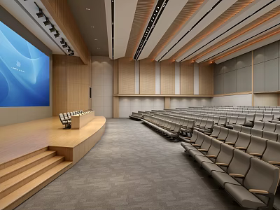 Spacious Modern Conference Room With Large Screen Podium Seats Wooden Walls Gray Carpet Ceiling Design 3d model