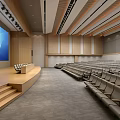 Spacious Modern Conference Room With Large Screen Podium Seats Wooden Walls Gray Carpet Ceiling Design