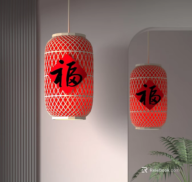 Two Traditional Red Chinese Lanterns With Red Fu Character Hanging In Interior 3d model 