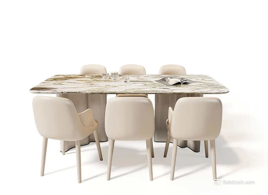 Elegant Modern Dining Table Set With Marble Top And Six Light Colored Chairs 3d model