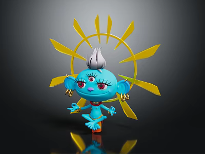 Blue Cartoon Character With Big Eyes Gray Hair Earrings And Yellow Sunray Decorations Posing 3d model