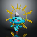 Blue Cartoon Character With Big Eyes Gray Hair Earrings And Yellow Sunray Decorations Posing