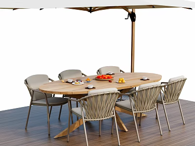 Outdoor Wooden Dining Table Set with Six Chairs Umbrella and Fruits on Wooden Deck 3d model