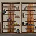 Natural Wooden Bookcases With Vases Sculptures Books And Decorative Items