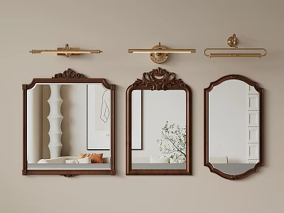 Three Decorative Mirrors with Ornate Wooden Frames on Light Beige Wall and Brass Wall Sconces 3d model