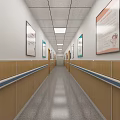 Hospital Corridor Interior With Wooden Handrails Wall Posters And Ceiling Lights 3d model