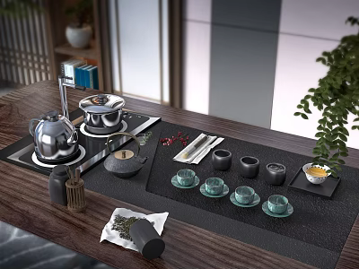 Modern Tea Set With Teapot Teacups And Tea Tray On Wooden Tabletop 3d model