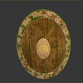 Medieval Wooden Shield With Decorative Ornate Edges Central Metal Boss Green And Orange Patterns