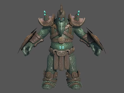 Mythical Guardian Character And Stone Creature With Green Armor Glowing Chest Ornate Details 3d model