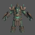 Mythical Guardian Character And Stone Creature With Green Armor Glowing Chest Ornate Details