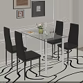 Modern Dining Table Set with Glass Top Metal Frame and Black Chairs 3d model