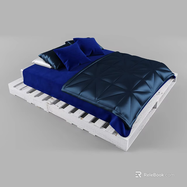 Double Bed with White Wooden Frame Blue Diamond Pattern Quilt and Blue White Pillows 3d model 