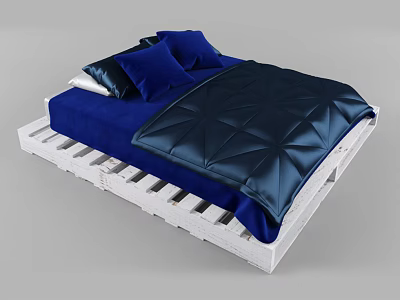 Double Bed with White Wooden Frame Blue Diamond Pattern Quilt and Blue White Pillows 3d model